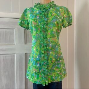 Vintage Shirt 1960s Green Floral Ruffled Neckline Handmade Small / Medium Retro
